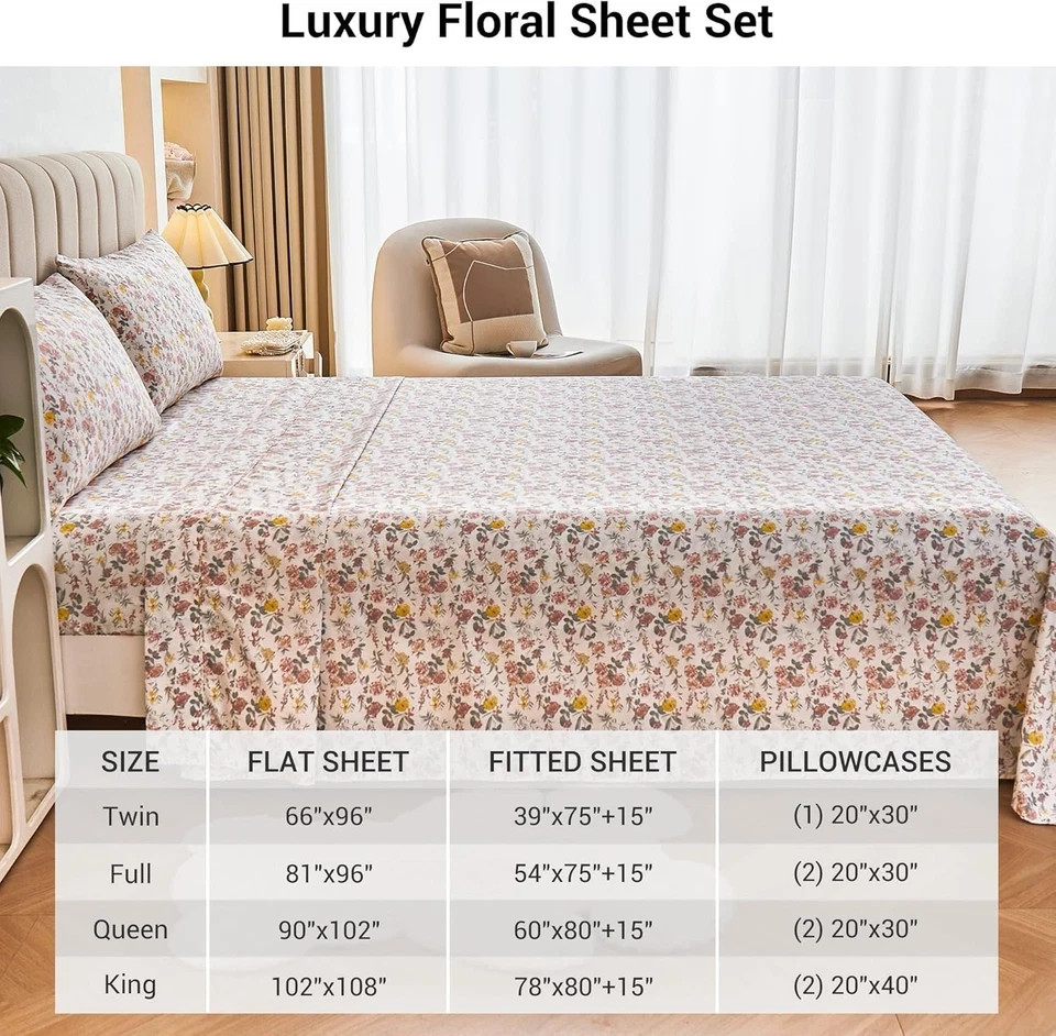 Floral Queen Sheet Set - 4 Piece Vintage Pink & Yellow Flower Patterned Bed Shee gallery