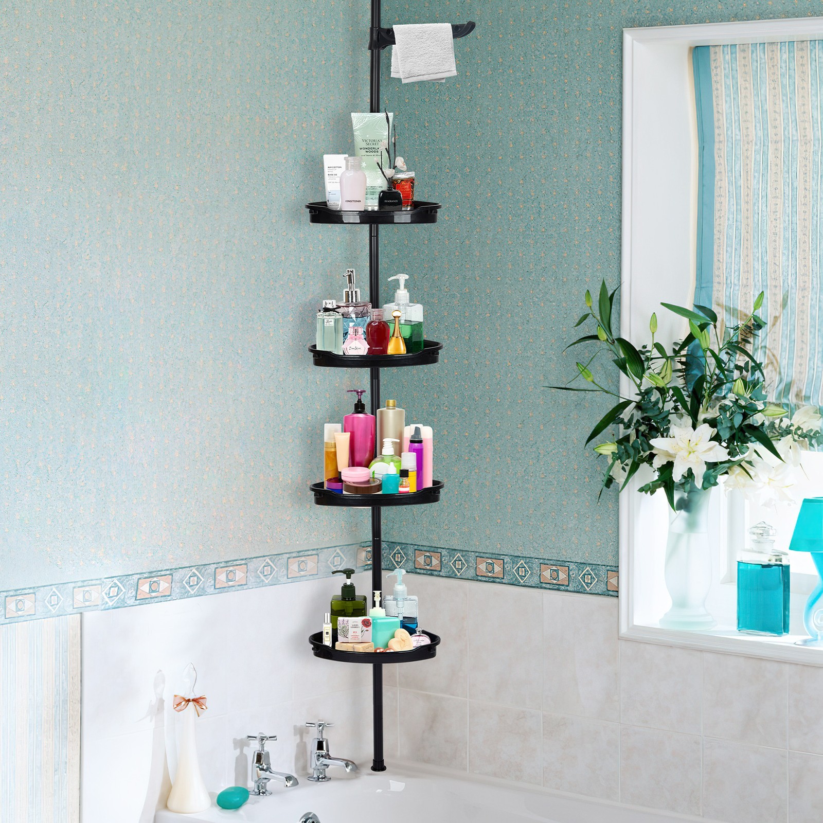 4 Tier Corner Shower Caddy Tension Pole Adjustable Rustproof Bathroom Organizer gallery