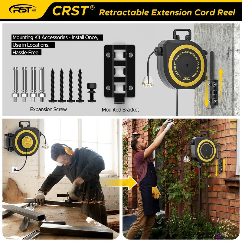 50FT Retractable Extension Cord Reel with Handle,3 Grounded Outlet Lighted/1625W gallery