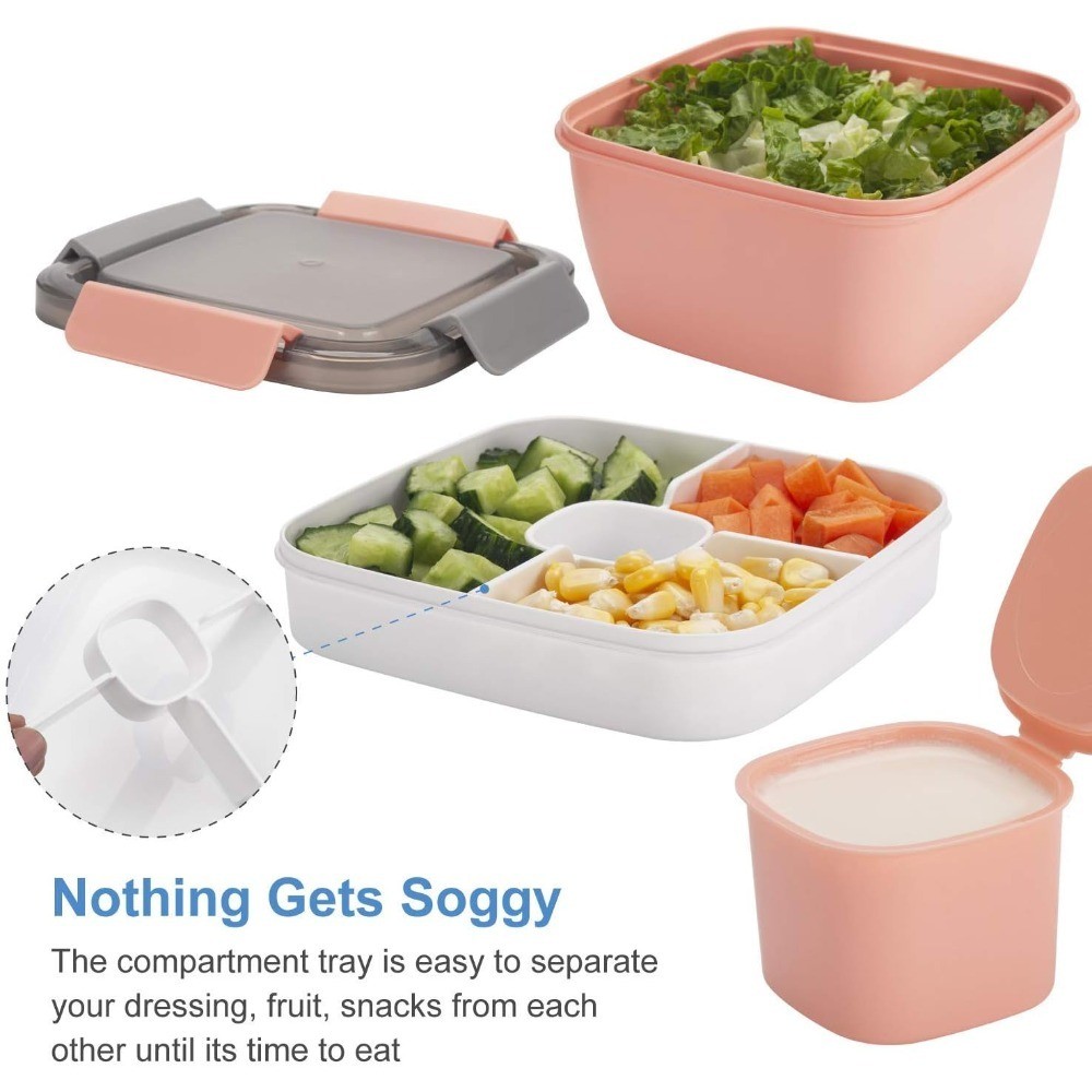 Large 52 oz Salad Lunch Containers To Go, 2 Pack 3-Compartment Bowls with Lids, gallery
