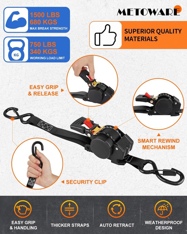 Retractable Ratchet Straps (2-Pack) - 1 in x 10 Ft (1500lb Break Strength) - ... gallery