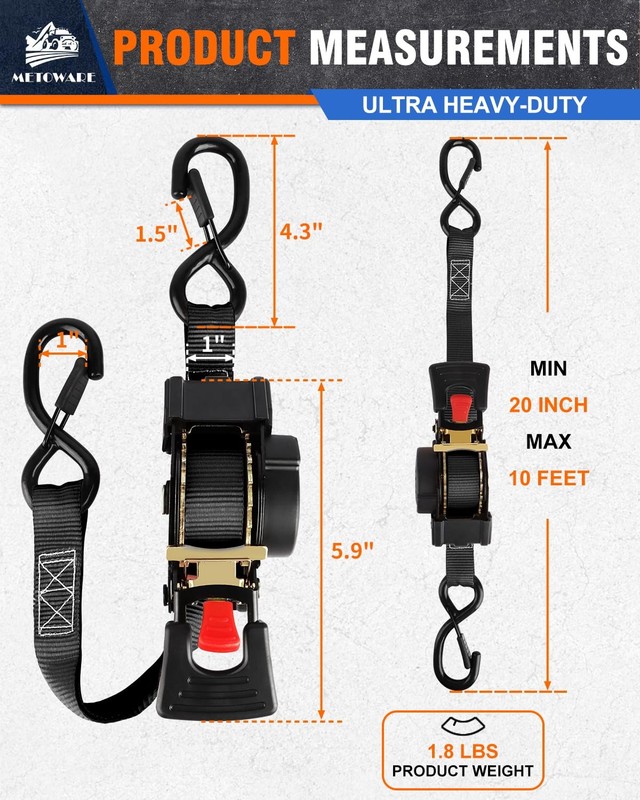 Retractable Ratchet Straps (2-Pack) - 1 in x 10 Ft (1500lb Break Strength) - ... gallery