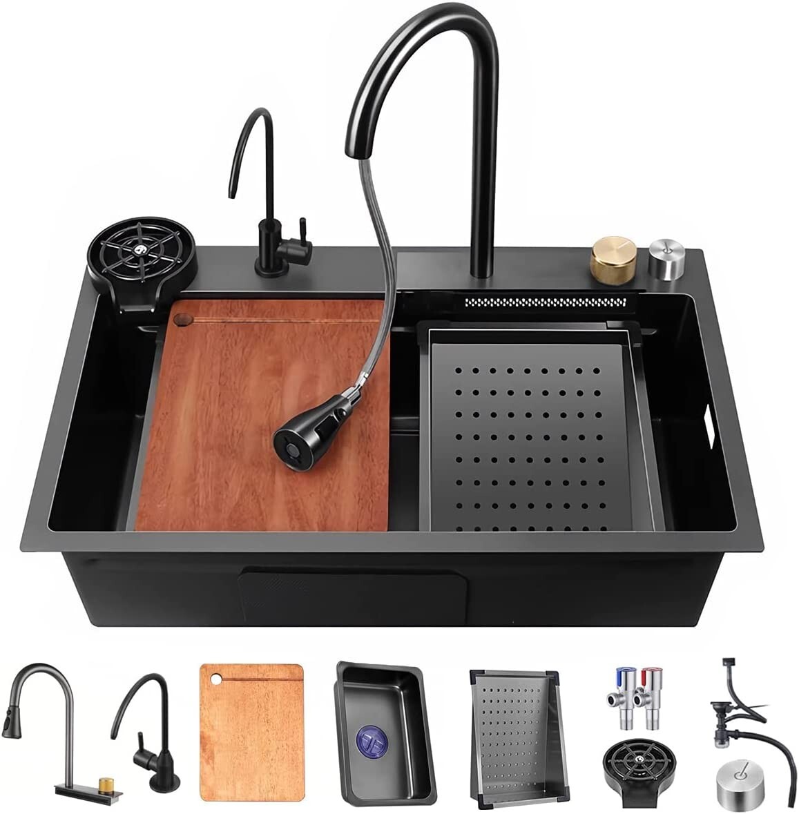 Flying Rain Stainles Steel Watefall Kitchen Sink w PullDown Faucet Black29.5INCH gallery