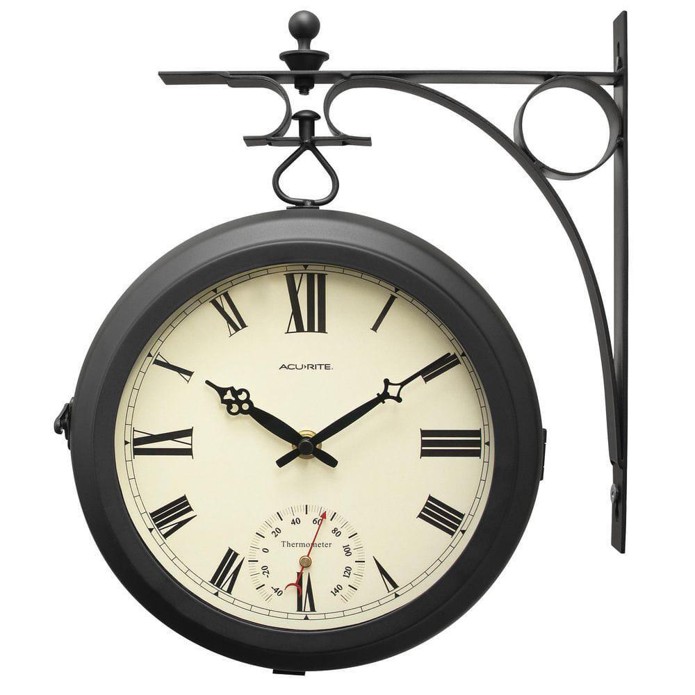 Hanging Clock 9-in. Indoor/ Outdoor Double-Sided Vintage Metal Frame Thermometer gallery