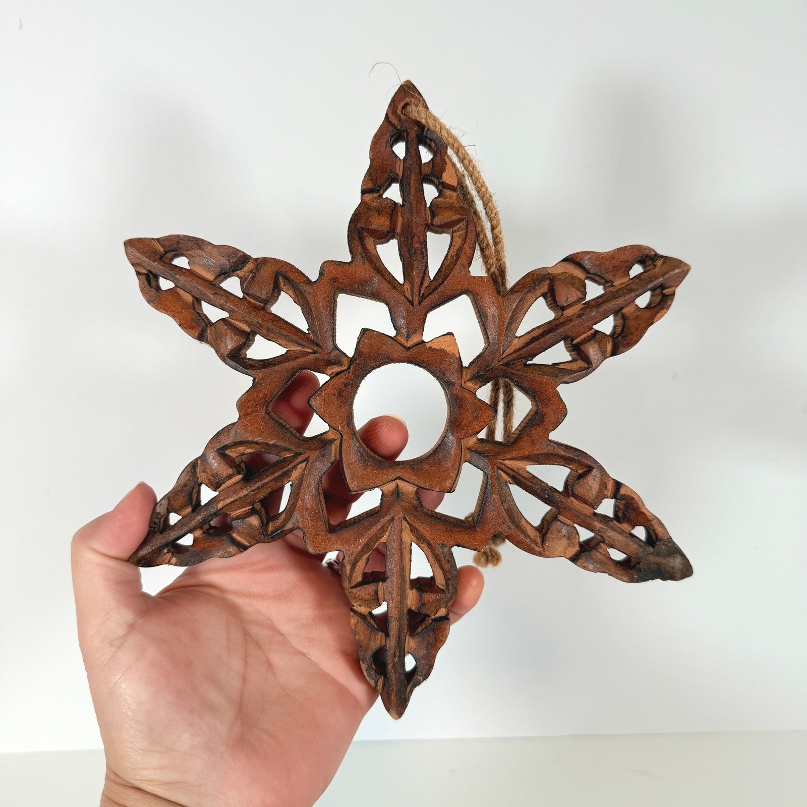 Hand Carved Wooden Star / snowflake Ornament Rustic Boho Decor gallery
