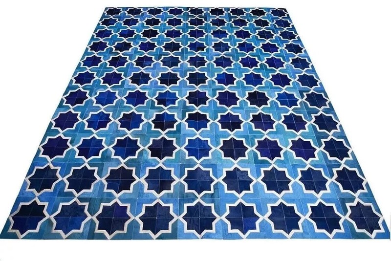 Genuine Leather Patchwork Rug Blue Geometric Moroccan Cowhide Area Rug Modern Ca gallery