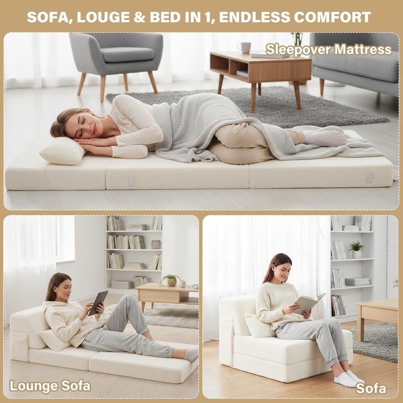 Convertible Folding Sofa Bed Single Size for Adults w/ Pillow Plush Fabric Beige gallery