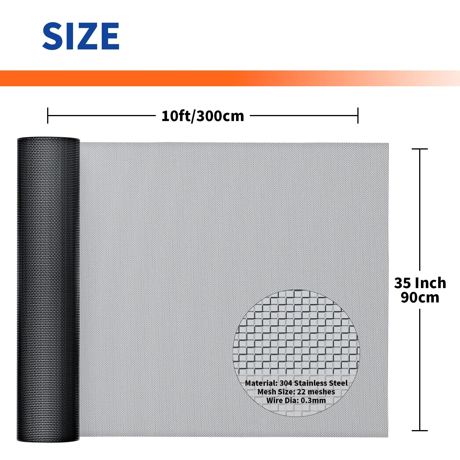 Window Screen Roll, 304 Stainless Steel, 35IN x 10FT, 22 Mesh, Black, Petproof gallery