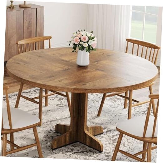 Round Dining Table for 4, 47 Inches Circle Dining Room Table with Wooden Brown gallery