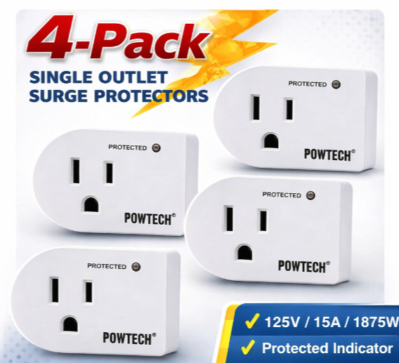 4-Pack Powtech Surge Protector Outlet Wall Plug Single Outlet Voltage Protection gallery