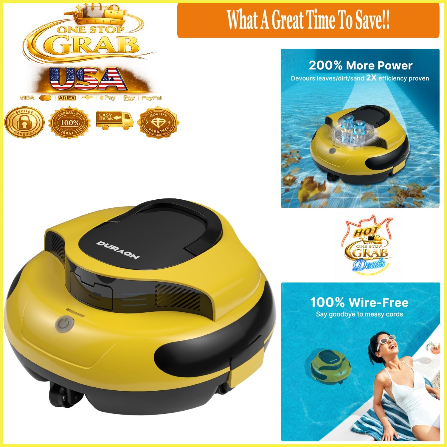 Yellow Cordless Robotic Pool Cleaner Dual Motor Powerful Suction 150 Min Runtime gallery