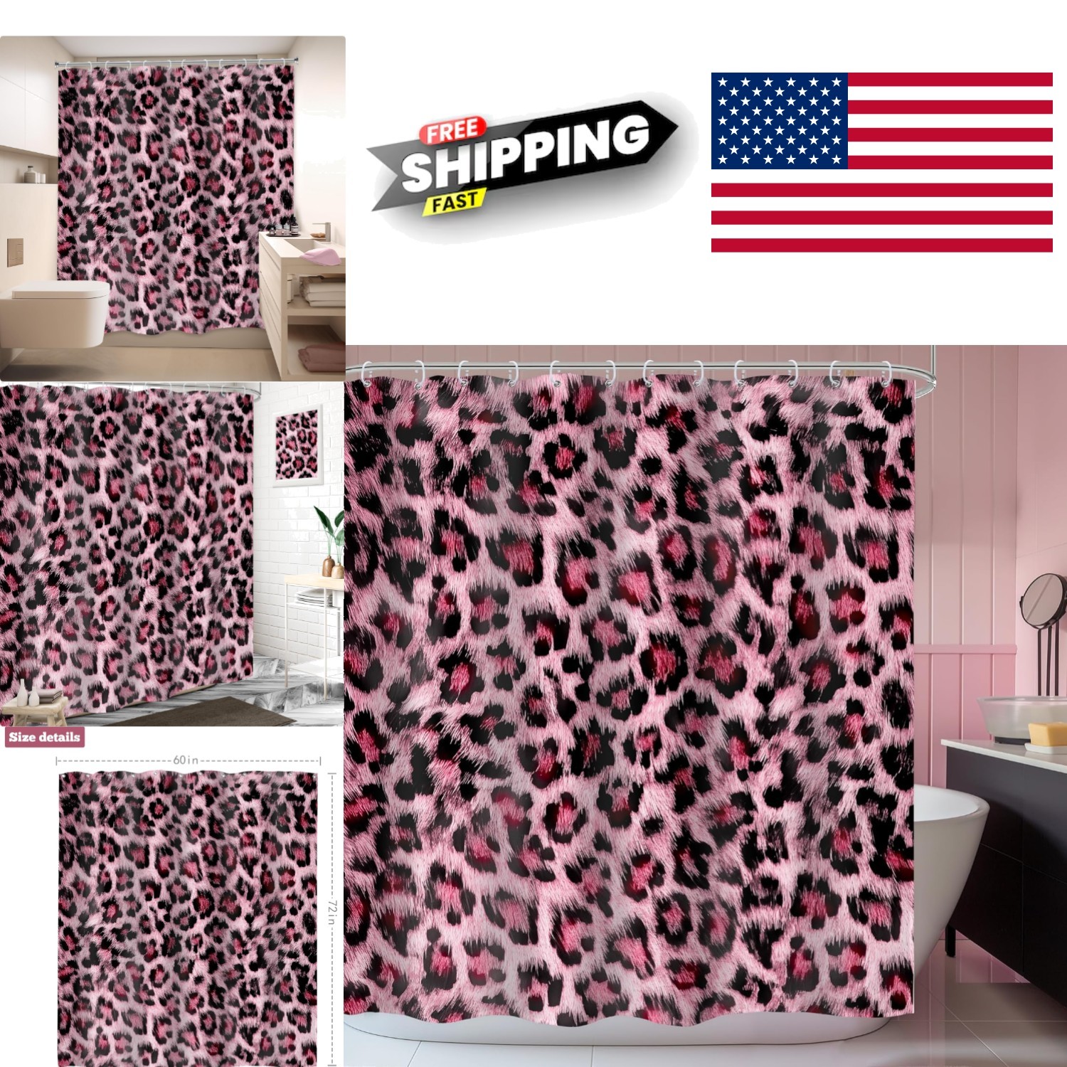 Pink Leopard Print Shower Curtain 60x72 Inches Waterproof Polyester with Hooks gallery