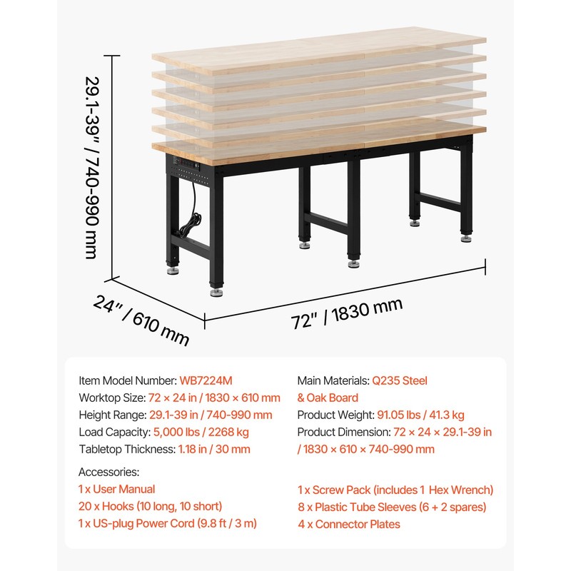 Uimoso Adjustable Workbench with Oak Wood Top and Built-in Power Outlets,72x24in gallery
