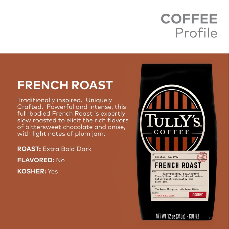 Tully's Coffee French Roast, Ground Coffee, Dark Roast, Bagged 12oz (Pack of 3) gallery