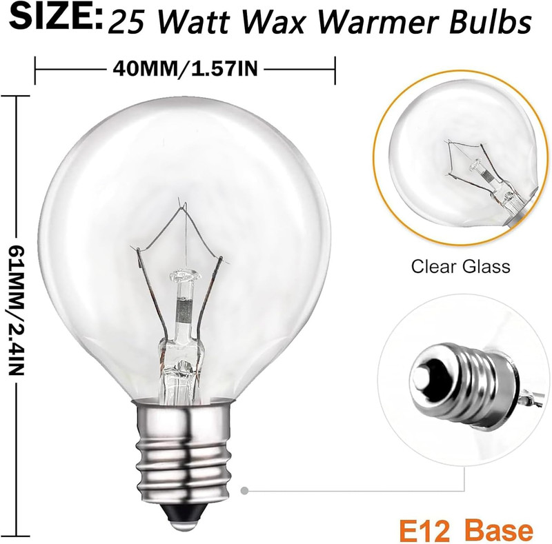 6 Wax Warmer Bulbs, 25W Dimmable G40 E12 Base for Candle Lamps, Warm White gallery