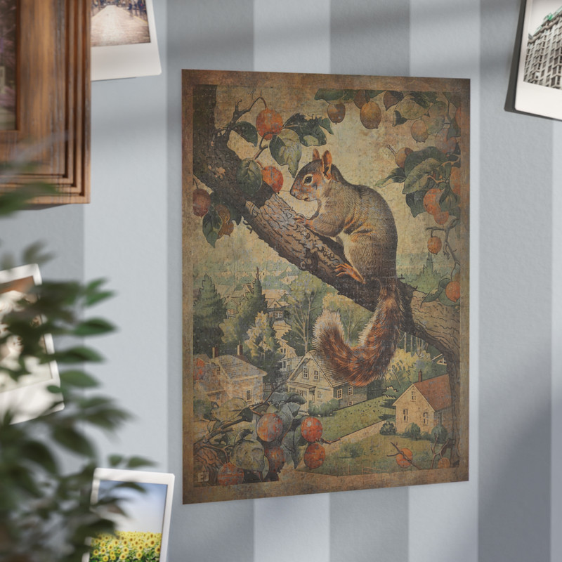 Retro SQUIRREL Fruit Tree Wall Art Poster, Woodland Squirrel Feeder Nature Decor gallery
