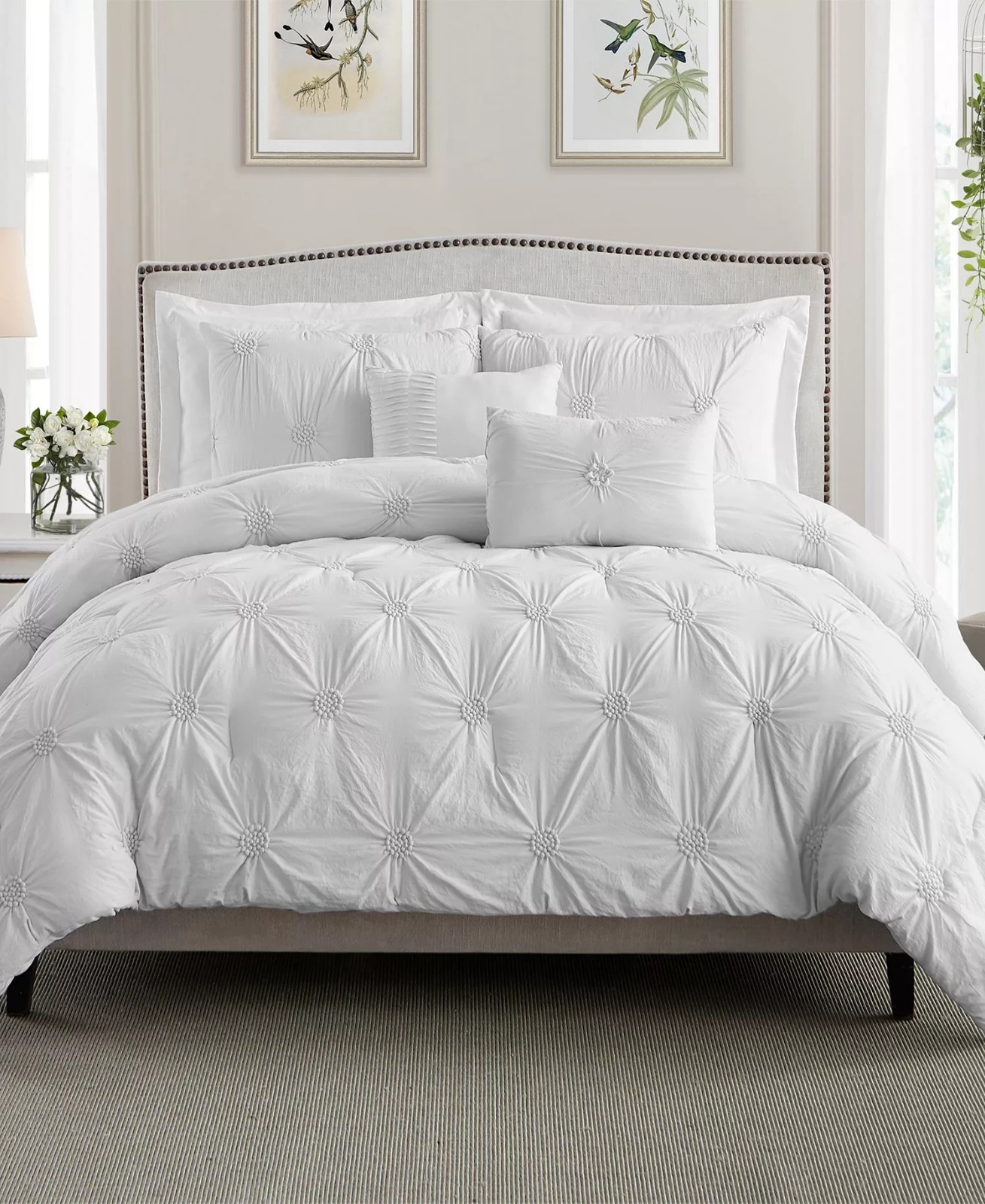 SWIFT HOME FULL / QUEEN FLORAL PINTUCK WHITE COMFORTER SET gallery
