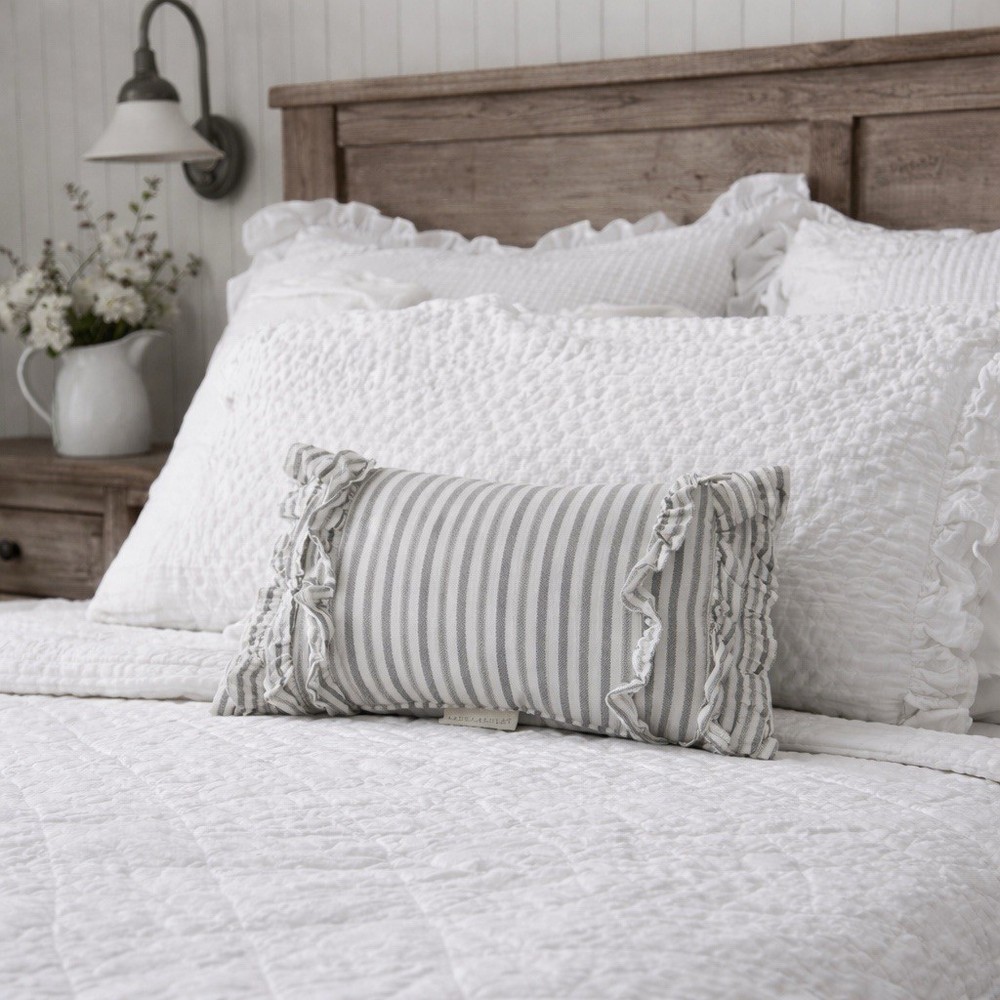 Laura Ashley Accent Pillow Gray White Stripe Ticking Ruffle Cotton 12x16 Cottage
