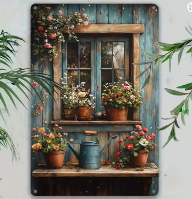 Rustic Vintage Wall Decor Farmhouse French Country Flower Pots Window Metal Sign gallery