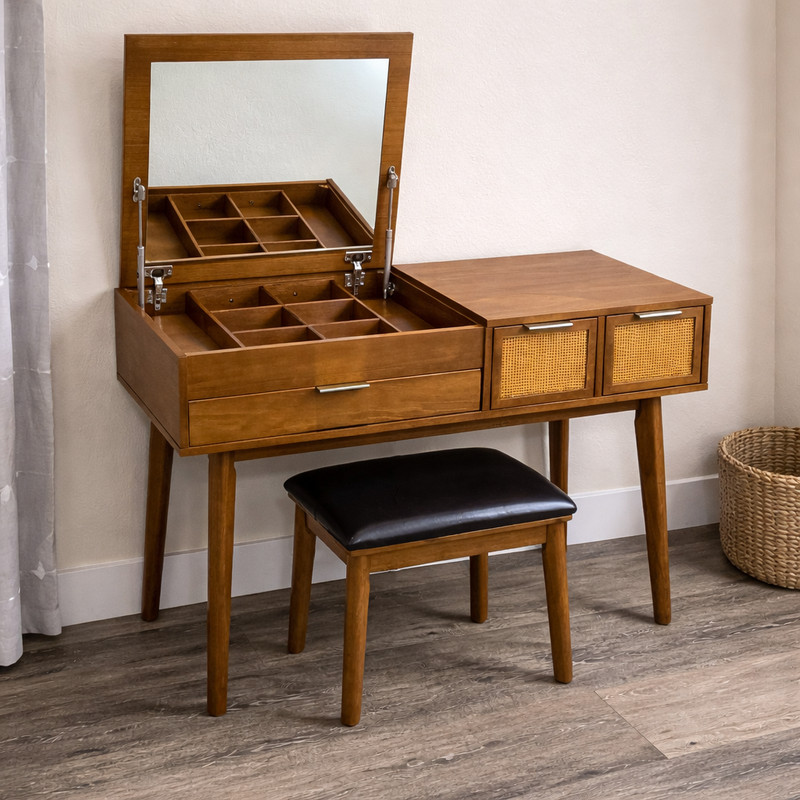 Modern Vanity Set Mirror w/ Stool Makeup Dressing Table Rattan Drawers Storage gallery