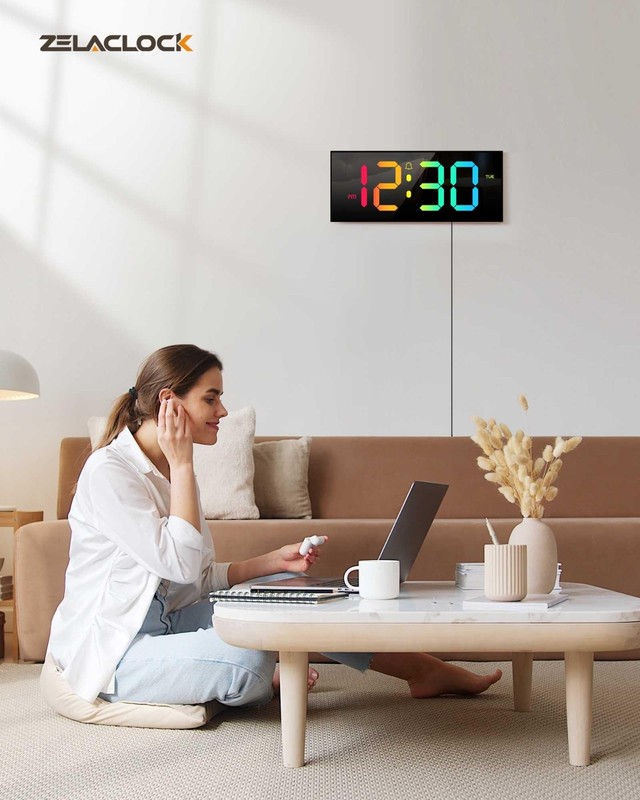 Large 12" Digital Wall Clock with Remote, RGB Color Changing, DST, Night Light f gallery