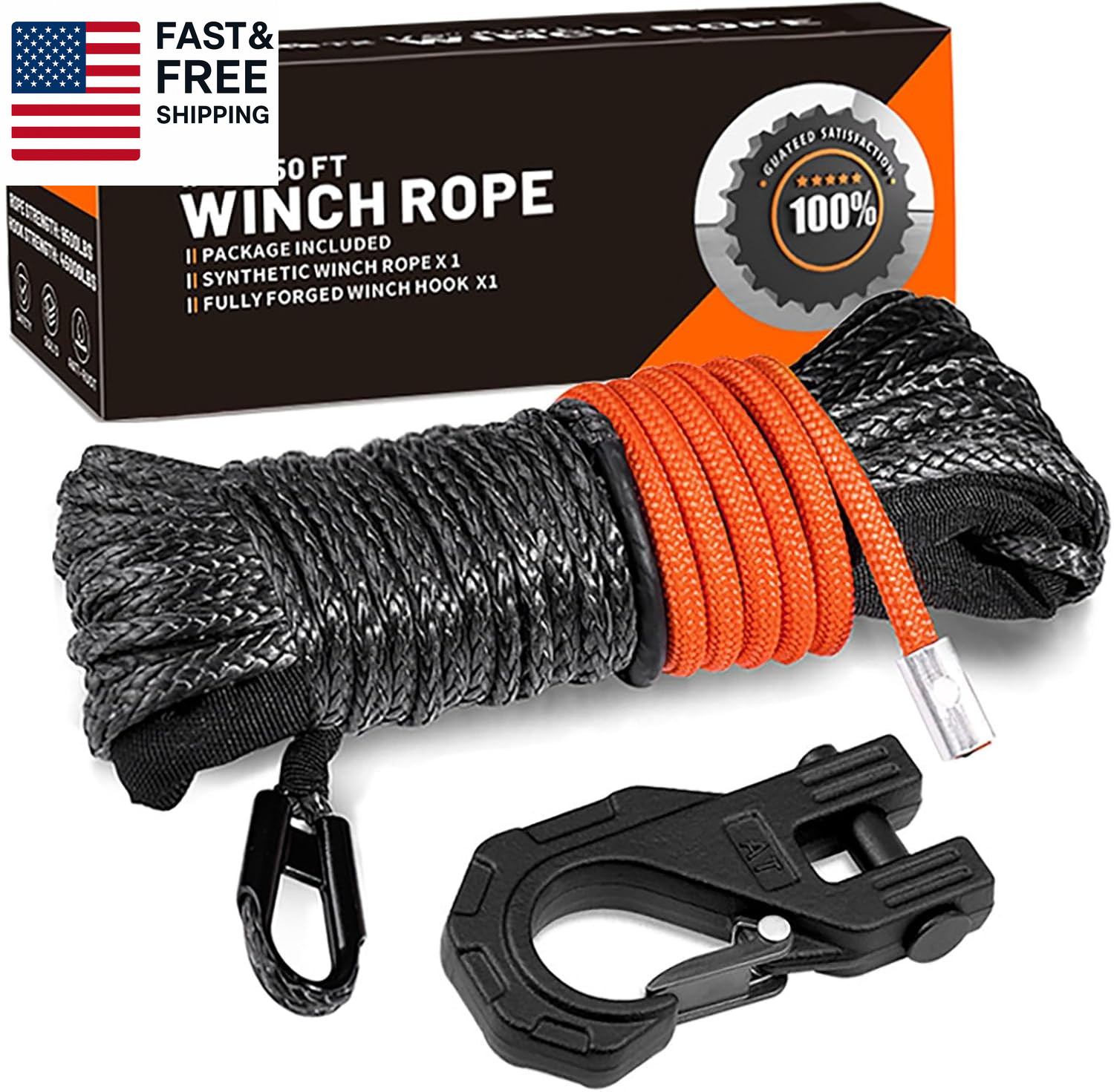 Synthetic Winch Rope 1/4" X 50 Ft，Max 9500Lbs Winch Rope with Heavy Duty 3/8 Ho gallery