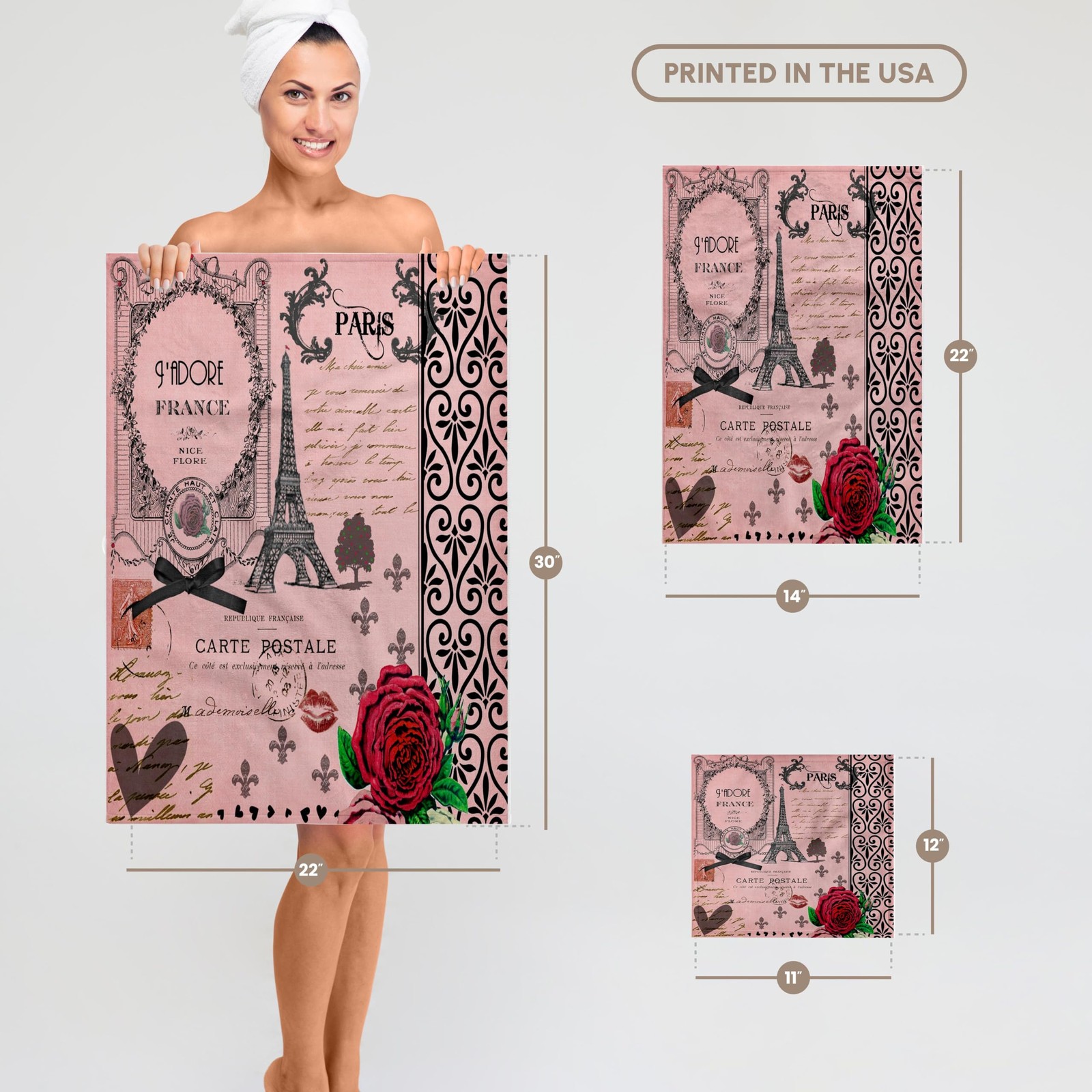 3dRose Vintage Pink Paris Eiffel Tower Red Rose Girly Gothic 15x22 Towel gallery