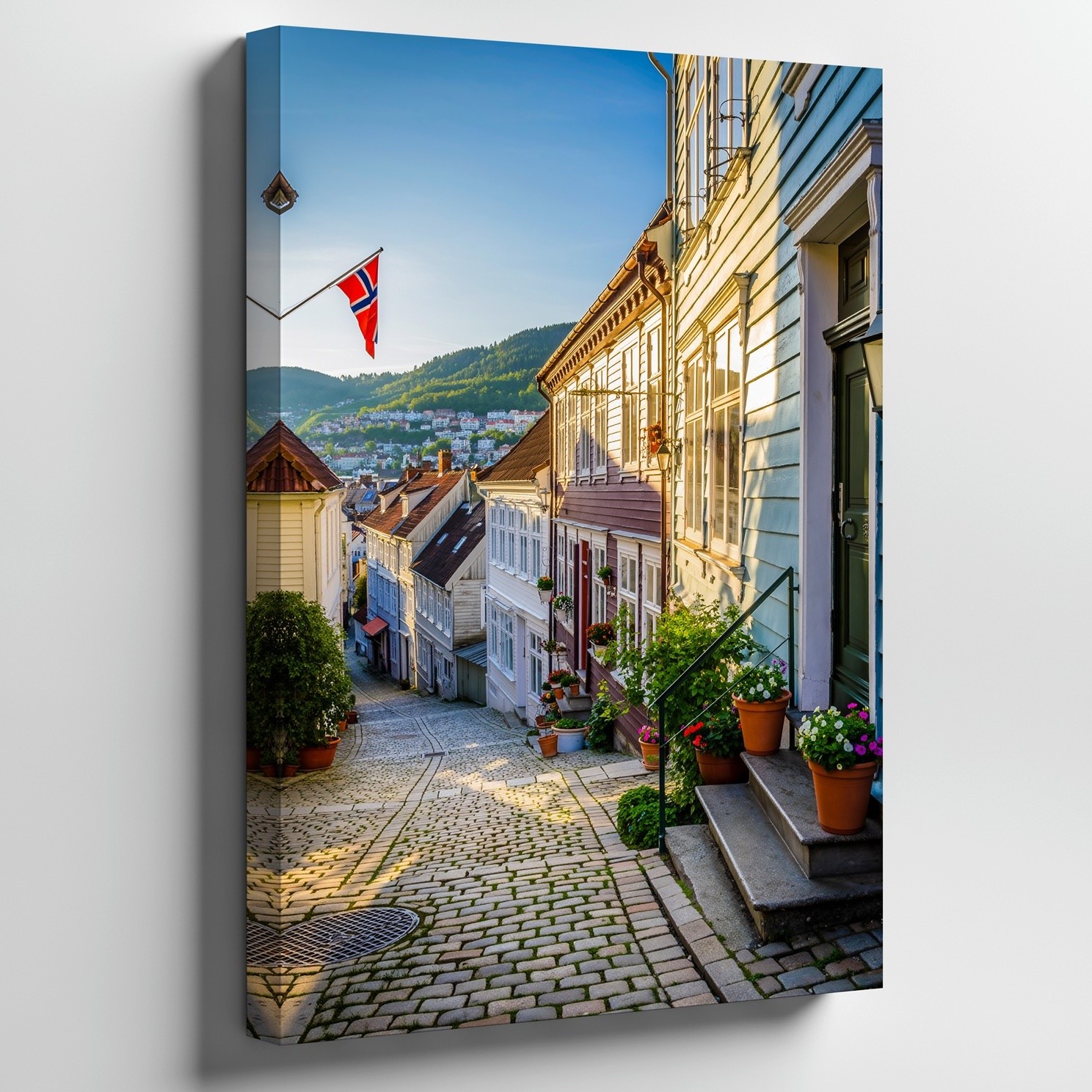 Wall Art Charming Cobblestone Street In Bergen, Norway, Lined With Canvas Print gallery