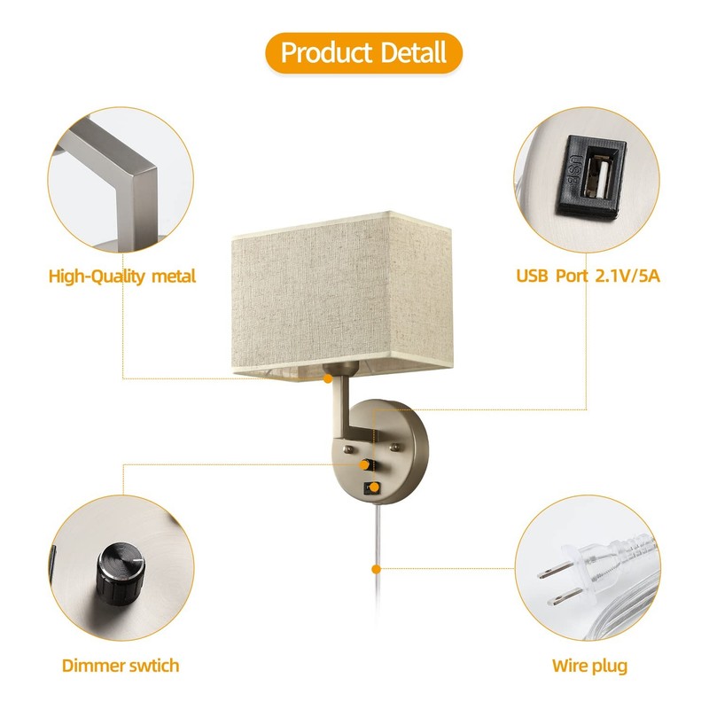 Plug in Wall Sconce with Dimmer Switch and USB Port，1-Light 9.5“Rectangular L... gallery