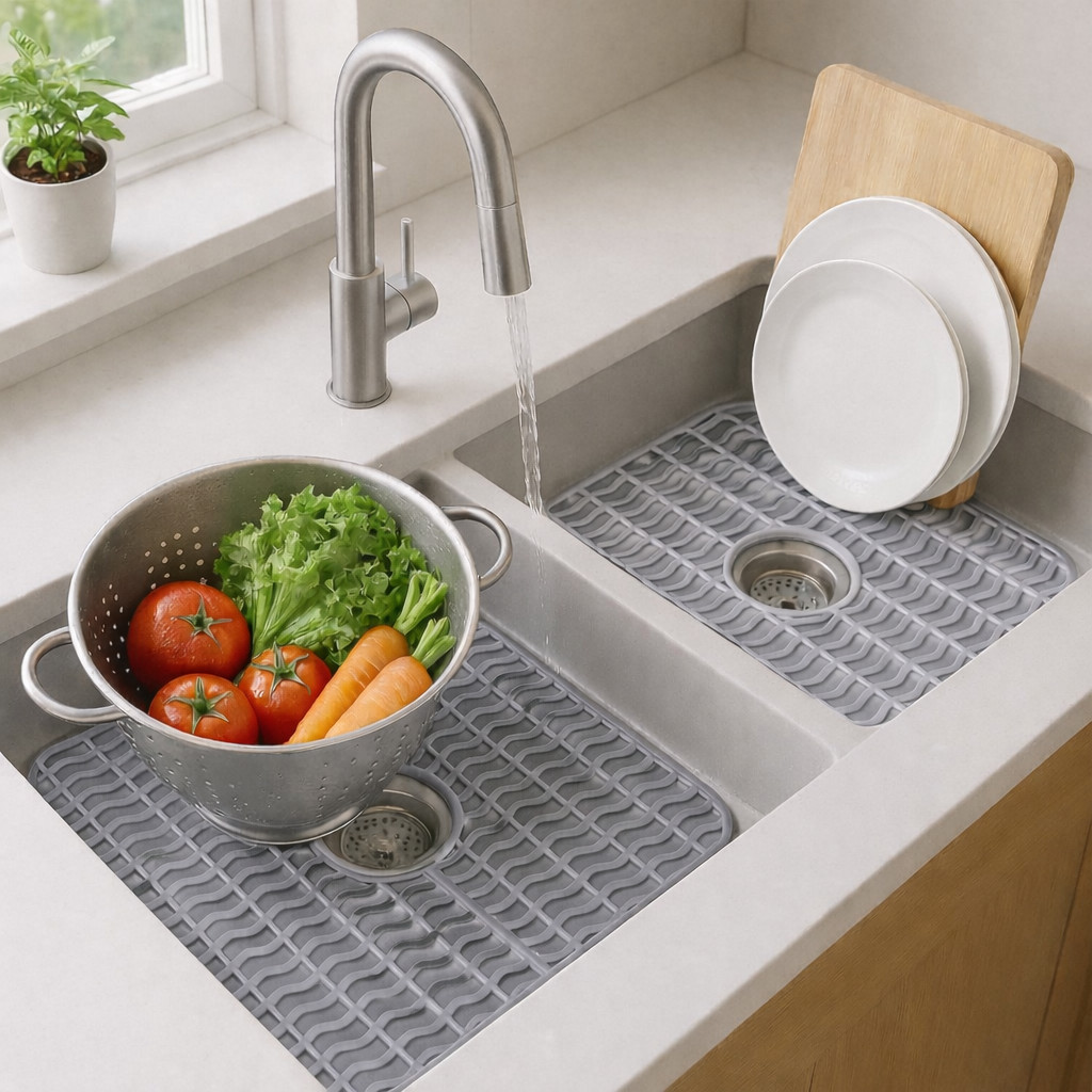 Sink Protector Mat 2 Pack Plastic with Center Drain Cutout Protect Gray 11 x 12" gallery