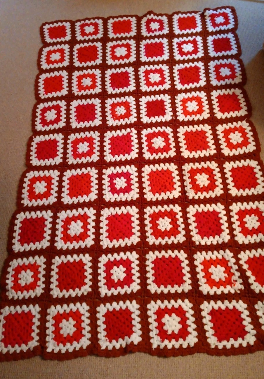 Vintage Handmade Crochet Granny Square Cottagecore Afgan Blanket Red White 5x3' gallery