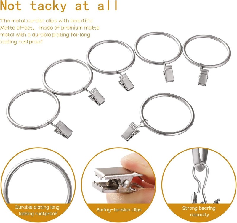 20pcs Rustproof Matte Silver Curtain Rings with Clips - 1'' Heavy-Duty Design gallery
