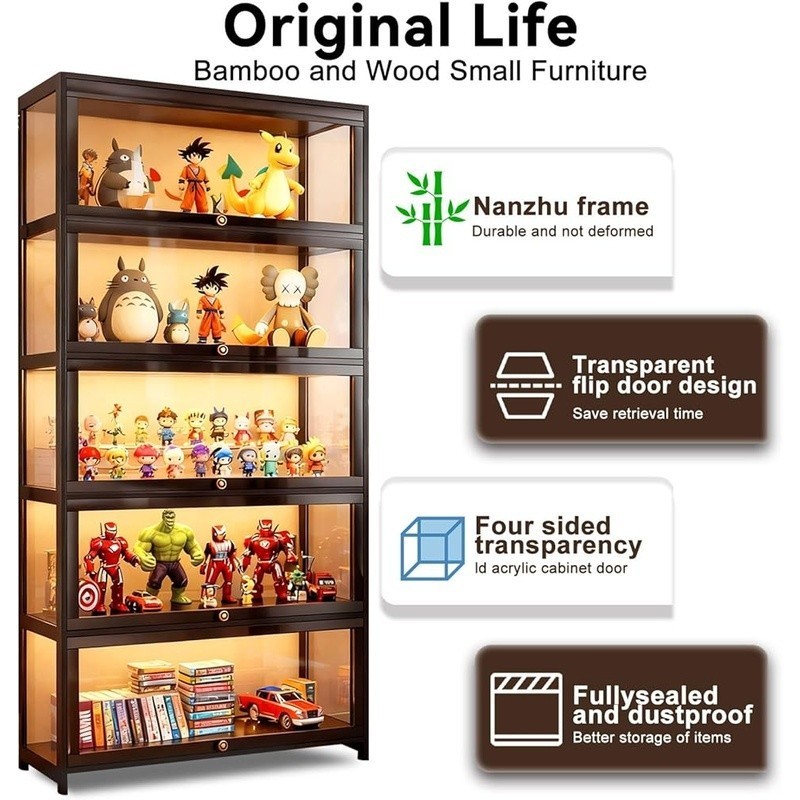Acrylic Bamboo Display Cabinet Dustproof 5 Tier Storage Shelf Collectibles Toys gallery