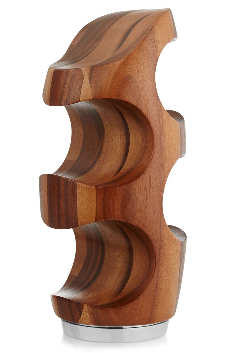 Nambé Vie Bottle Rack, 6” x 13” Acacia Wood & Alloy 4 Bottle Display Stand gallery