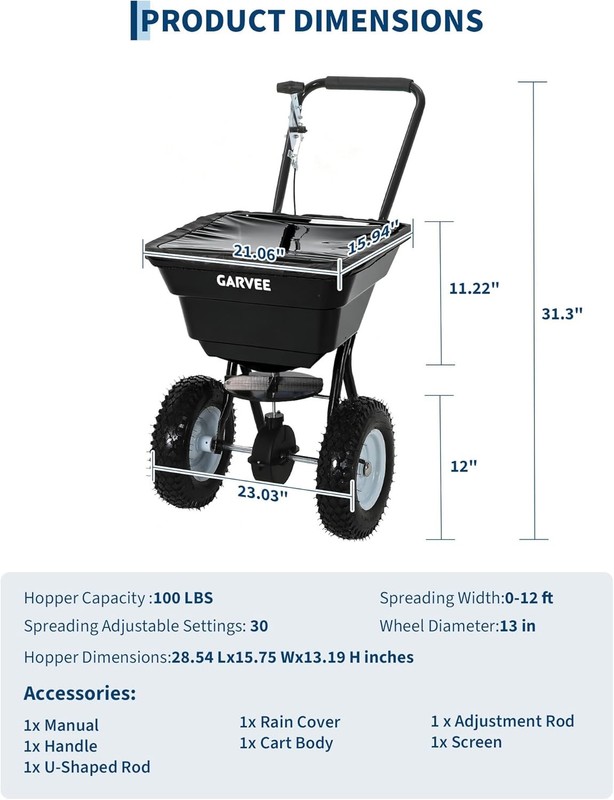 Walk Behind Push Spreader 100LBS, 12FT Width, 13in All Terrain Wheels Adjustable gallery