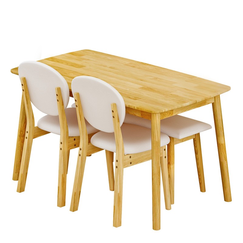 4 Piece Dining Table Set Solid Rubber Wood 2 Padded Chairs Bench Natural Kitchen gallery