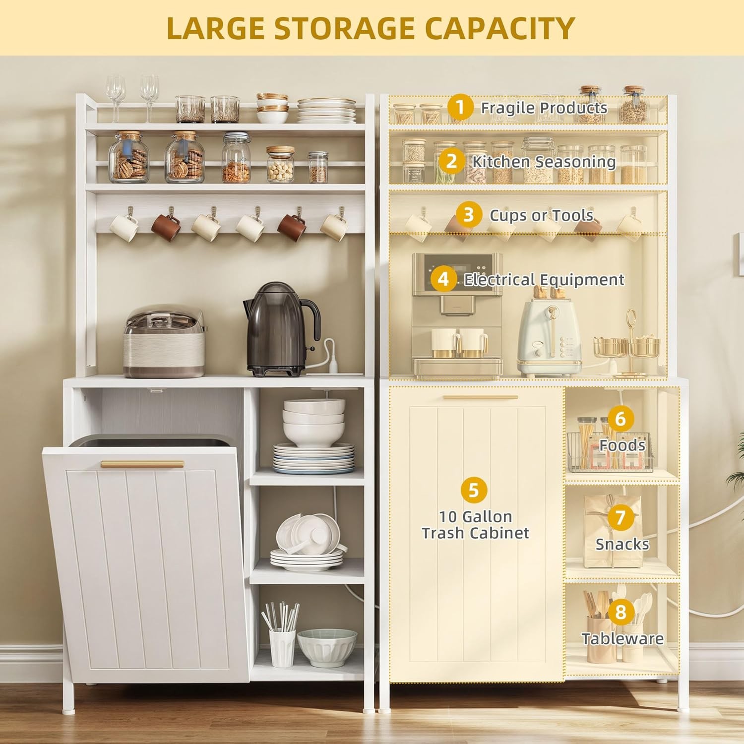 DWVO White Bakers Rack 63in Tilt Out Trash Cabinet Power Outlet gallery