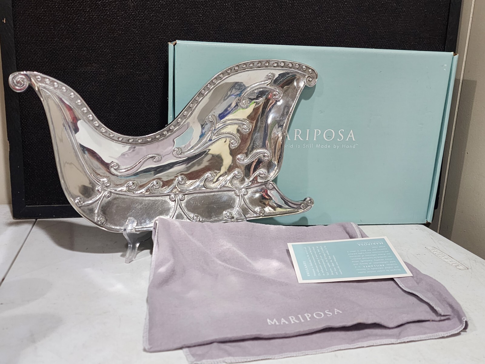NEW MARIPOSA Santa’s Sleigh Decor Display Piece Server Pewter Silver w/Box Bag gallery