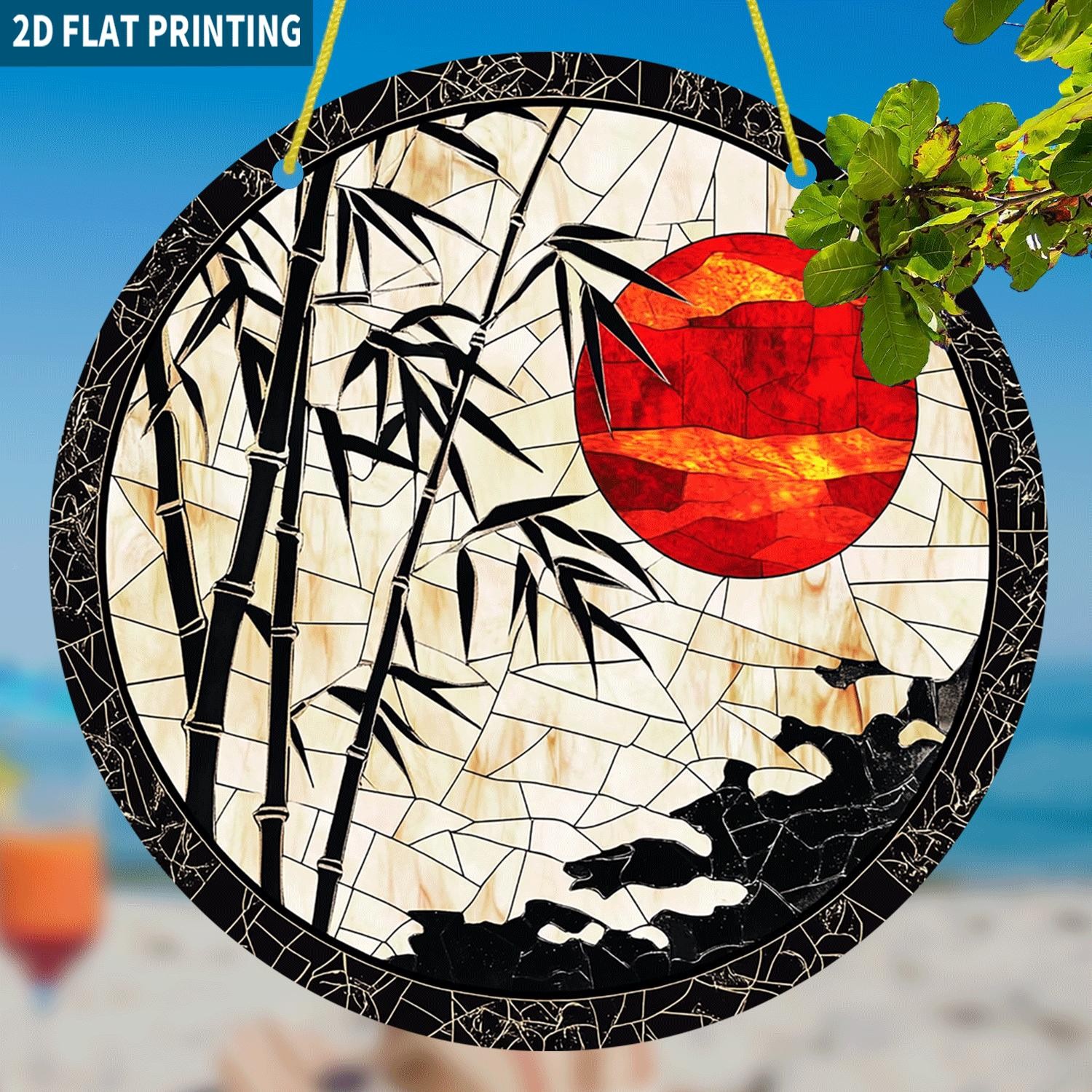 Oriental Bamboo Red Sun Pattern Acrylic Suncatcher Round Window Hanging Decor gallery