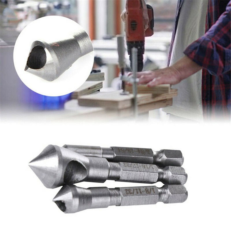 3Pcs Chamfer Countersink Deburring Drill Bits Set Kit Cutting Metal Wood Tool gallery
