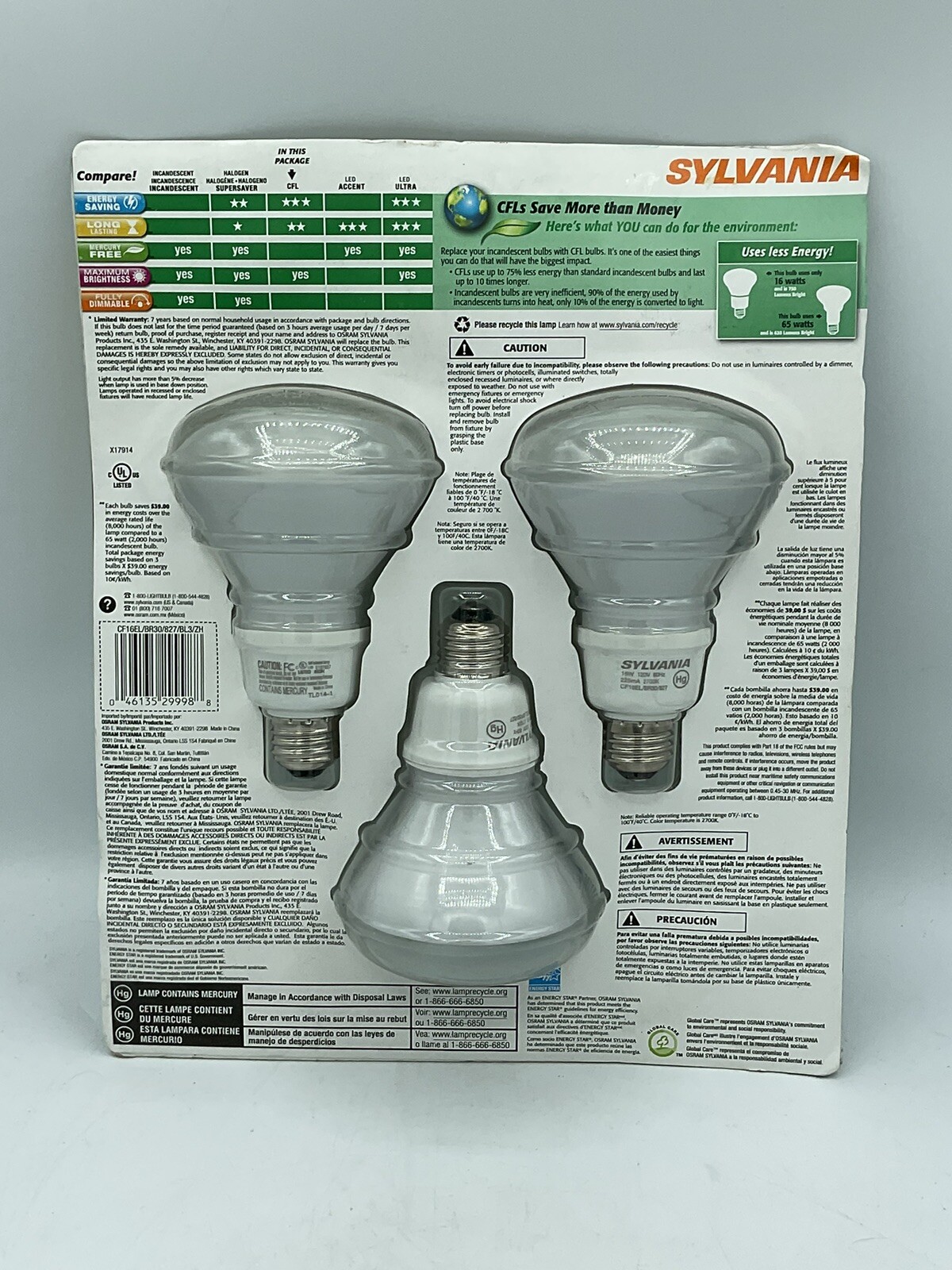Sylvania (3) BR30 65W Replacement CFL Bulb Warm White 750 lumens - NEW gallery
