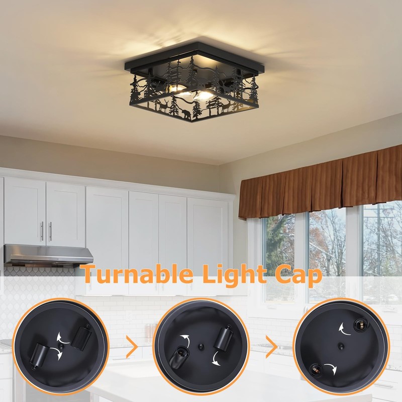 Rustic Industrial Flush Mount Ceiling Light, 11" Black Metal Cabin Design E12 gallery