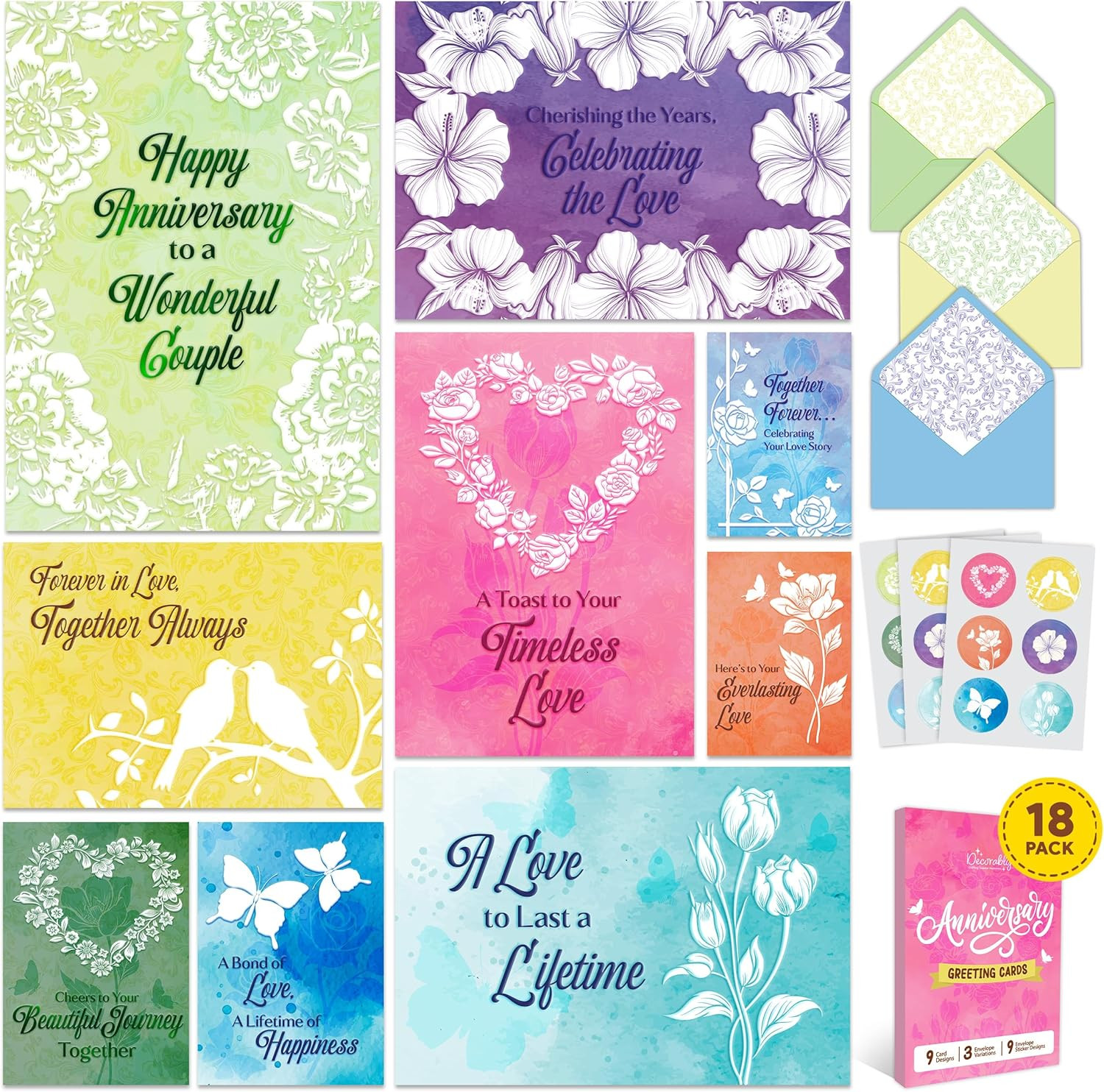 18 Pack Foiled 5X7In Textured Happy Anniversary Cards with Envelopes and Sticker gallery