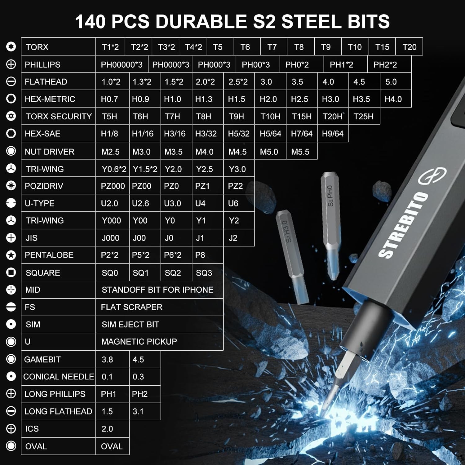 STREBITO 155pc Rechargeable Screwdriver 140 S2 Bits gallery
