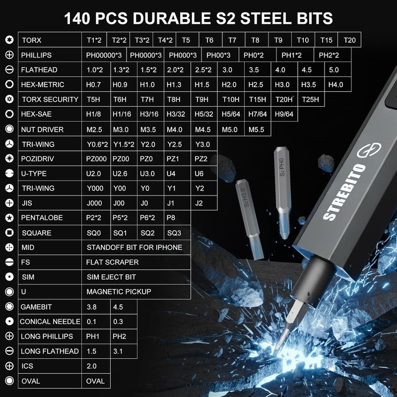 STREBITO 155pc Rechargeable Screwdriver 140 S2 Bits gallery