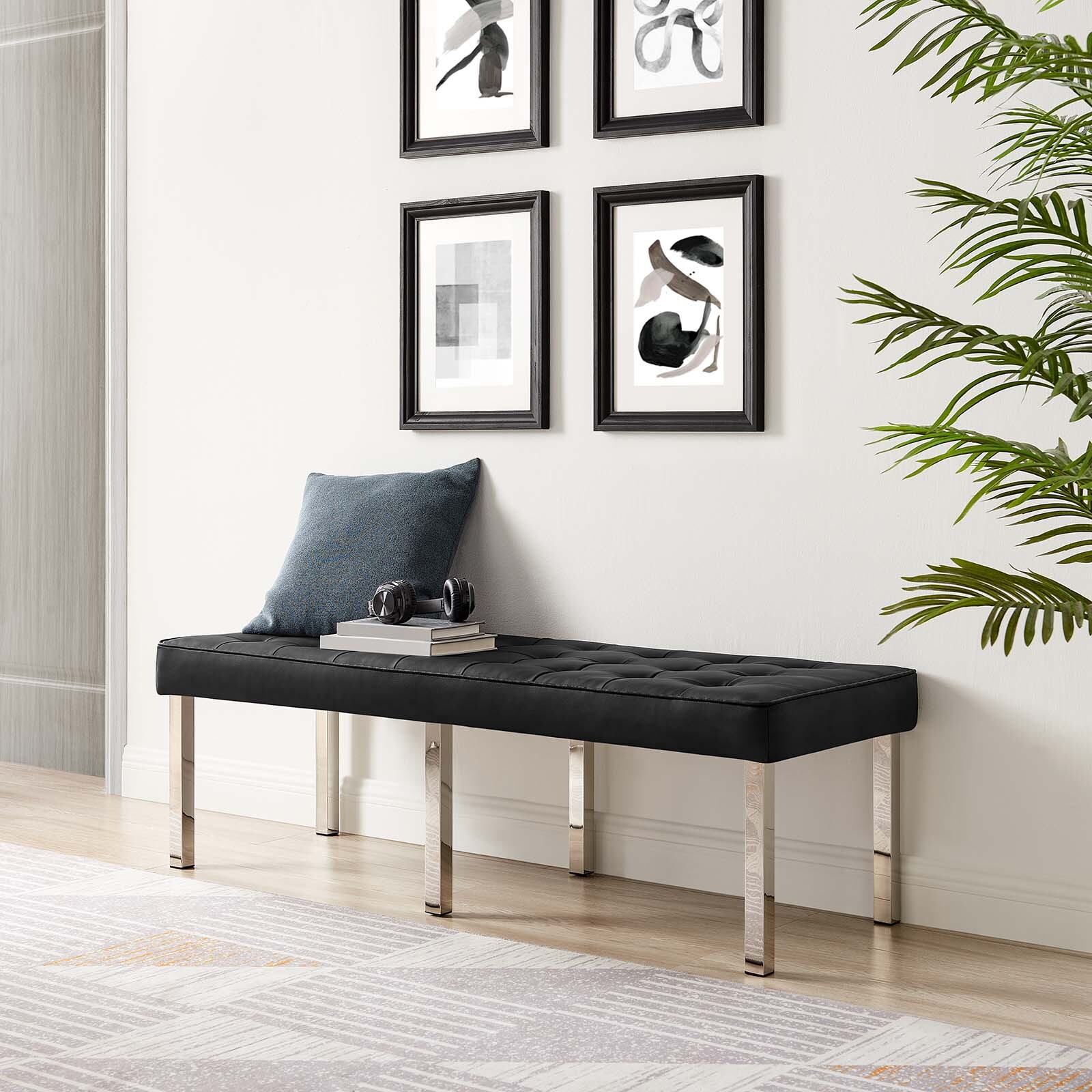 Modway Loft Tufted Vegan Leather Upholstered Accent Bench in Silver Black gallery