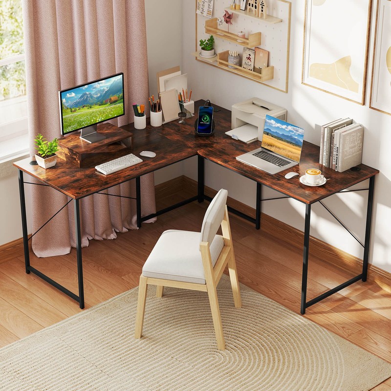 95" L-Shaped Reversible Computer Desk 2-Person Long Table Monitor Stand Rustic gallery