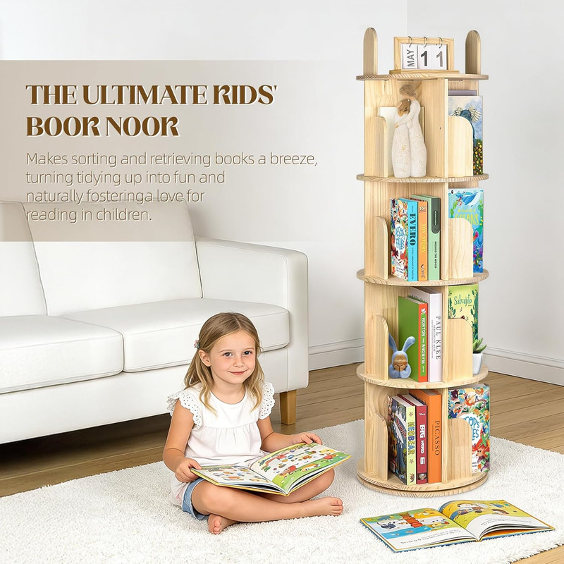 Rotating Bookshelf, Solid Pine Wood Spinning Bookshelf Tower 5 Tier, 360° Revolv gallery