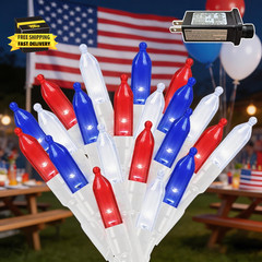 33FT 100 LED Mini Patriotic String Lights, White Wire 4 Inch Spacing Plug-In Wat