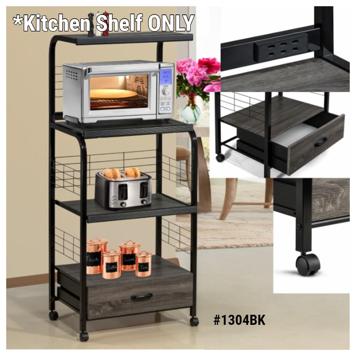 CrownMark Black/Grey OR White/Grey Finish 59"H Kitchen Shelf On Casters CM-1304 gallery